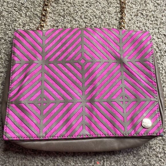 Pretty Ships Womens Stripe Flap Purse Taupe Pink Gold - Picture 6 of 6